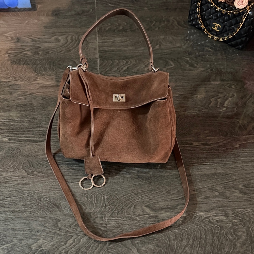 Brown Genuine Suede/ Leather Shoulder Bag with detached strap (size- 28.9cm)